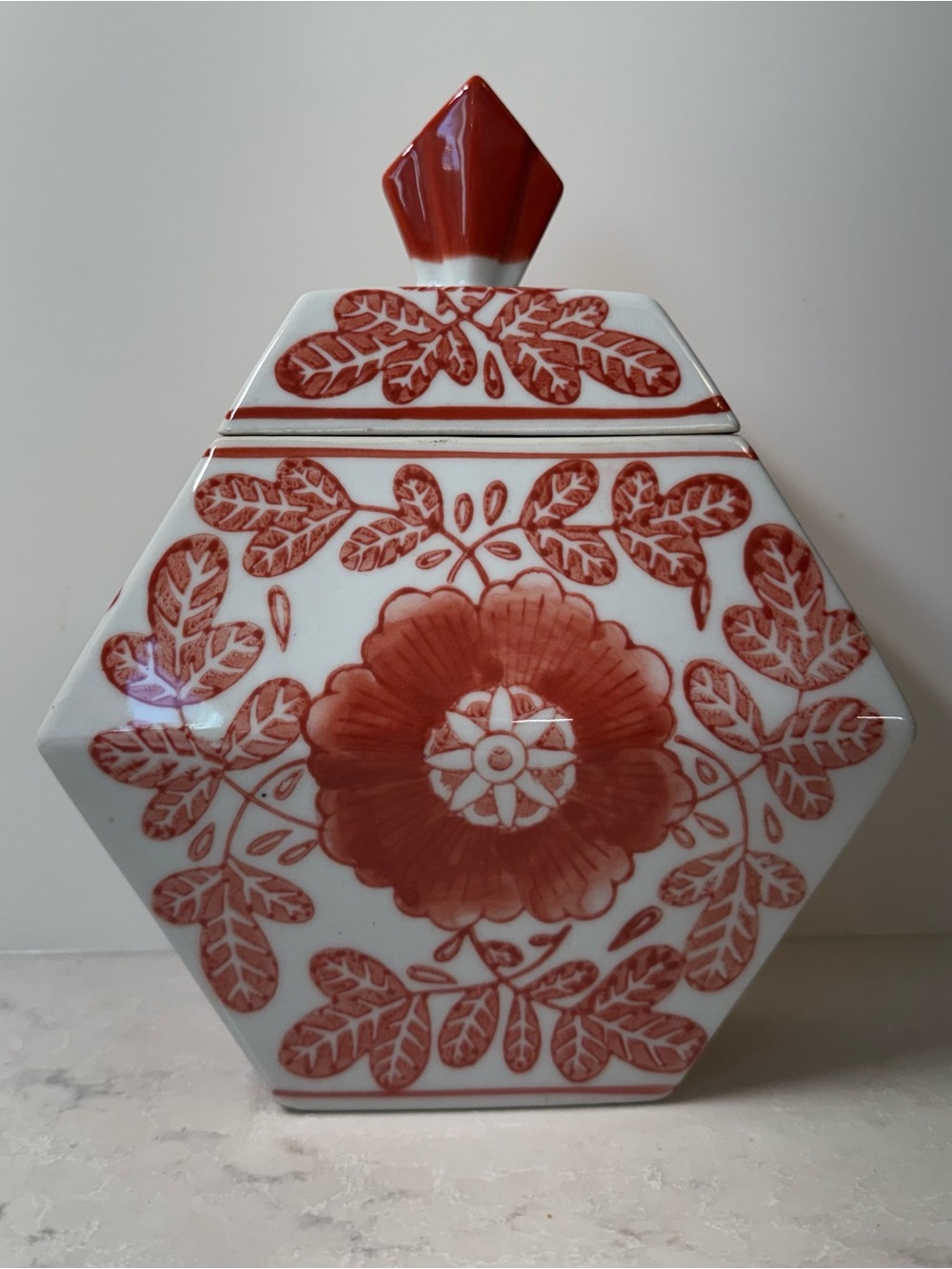 Coral Red Floral Hexagon Ceramic Decorative Jar